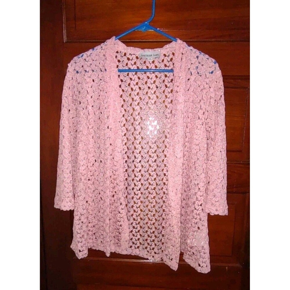 EUC Sz Medium Women’s Southern Lady Open Front Cardigan Pink Knit Lace